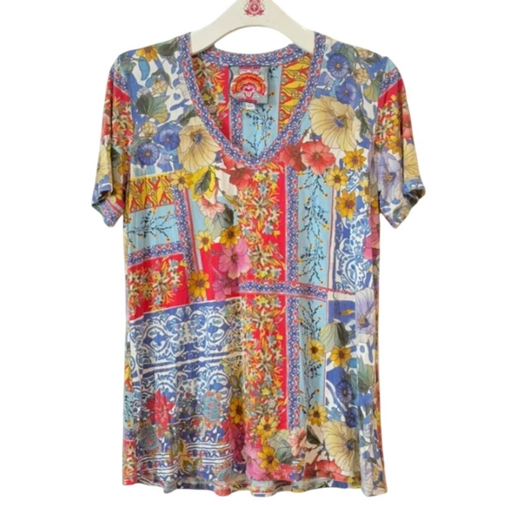 Johnny Was 2010s Bamboo Blend Floral Patchwork Boho Top size S